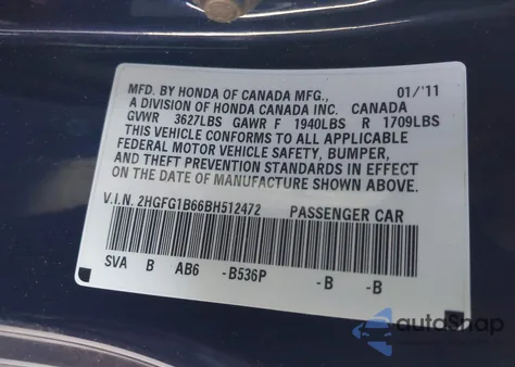 2011 Honda Civic Lx z USA, uszkodzony, nr VIN 2HGFG1B66BH512472